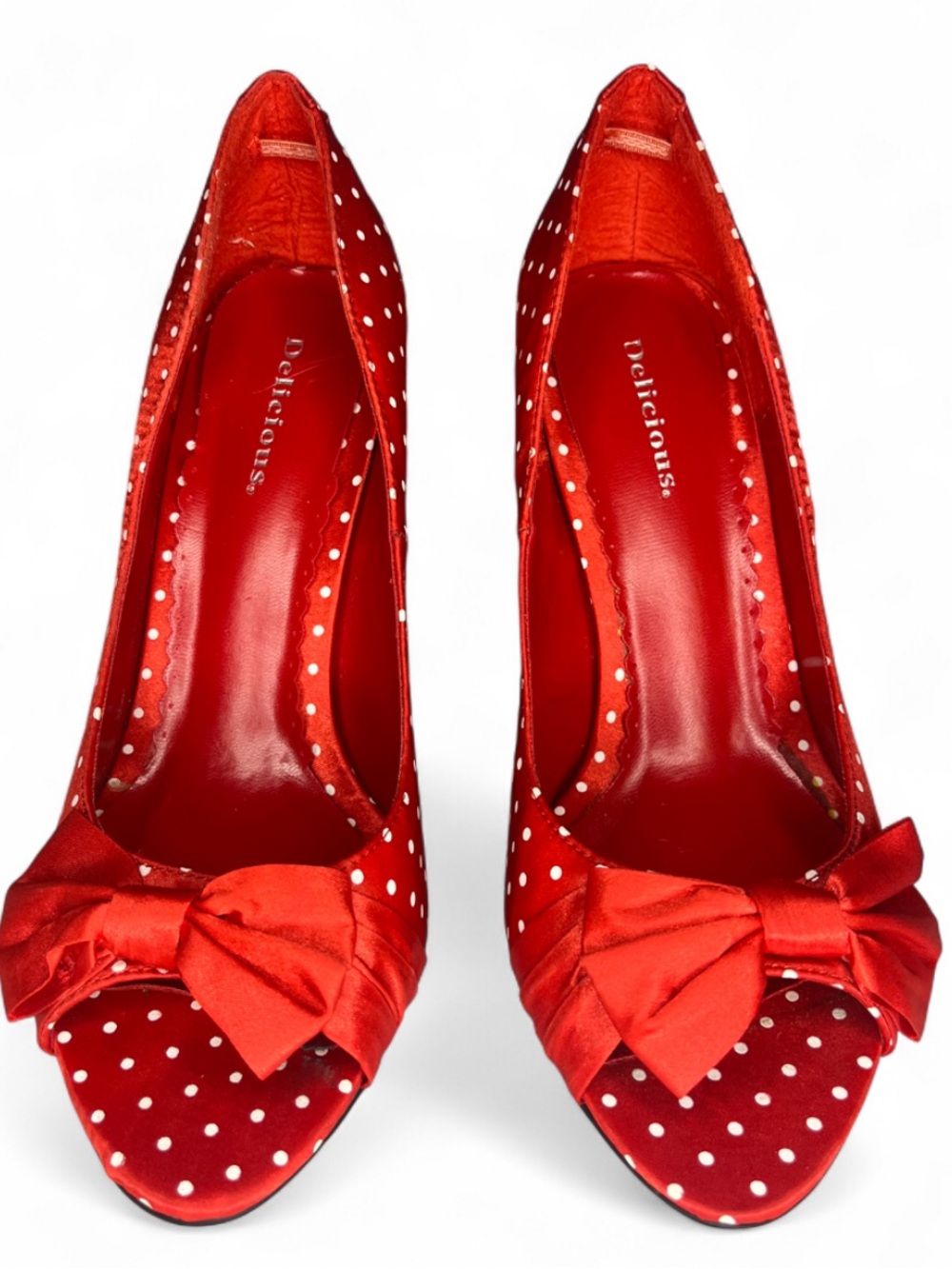 Delicious Red and White Open Peep Toe Polka Dot Pumps - Size 9 - Women’s Heels